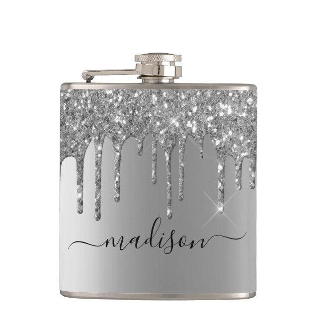 Calligraphy Handwritten Custom Silver Glitter Hip Flask (Front)