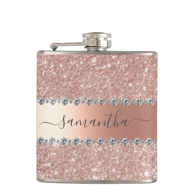 Calligraphy Handwritten Diamond Rose Gold Glitter Hip Flask (Front)