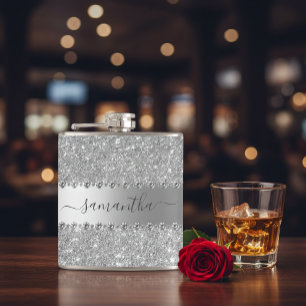 Calligraphy Handwritten Diamond Rose Gold Glitter  Hip Flask