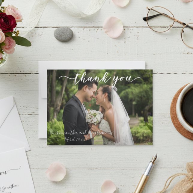 Calligraphy Handwritten Wedding Thank You Photo Card (Creator Uploaded)