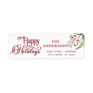 Calligraphy Happy Holidays botanical holly Return Address Label