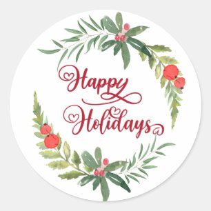 Calligraphy Happy Holidays botanical wreath Classi Classic Round Sticker