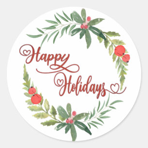 Calligraphy Happy Holidays botanical wreath Classic Round Sticker