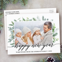 Calligraphy Happy New Year Pine Greenery Photo