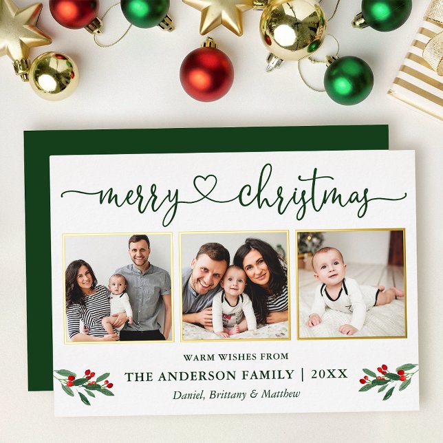 Calligraphy Heart 3 Photo Christmas Holly Gold Foil Holiday Card (Gold Foil Frame Christmas Card)