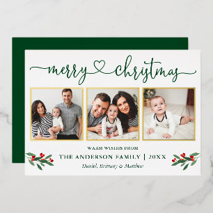 Calligraphy Heart 3 Photo Christmas Holly Gold Foil Holiday Card