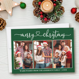 Calligraphy Heart 3 Photo Green Merry Christmas Holiday Card