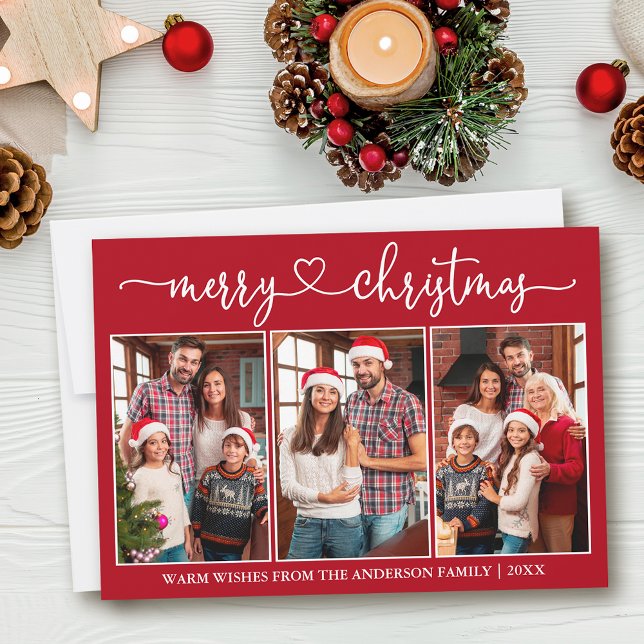 Calligraphy Heart 3 Photo Red Merry Christmas Holiday Card (Customize to add text to back of card or to change background color of card.)