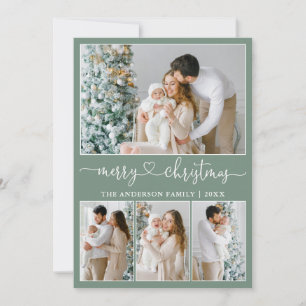 Calligraphy Heart 4 Photo Christmas Sage Green Holiday Card