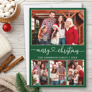 Calligraphy Heart 4 Photo Merry Christmas Green Holiday Card