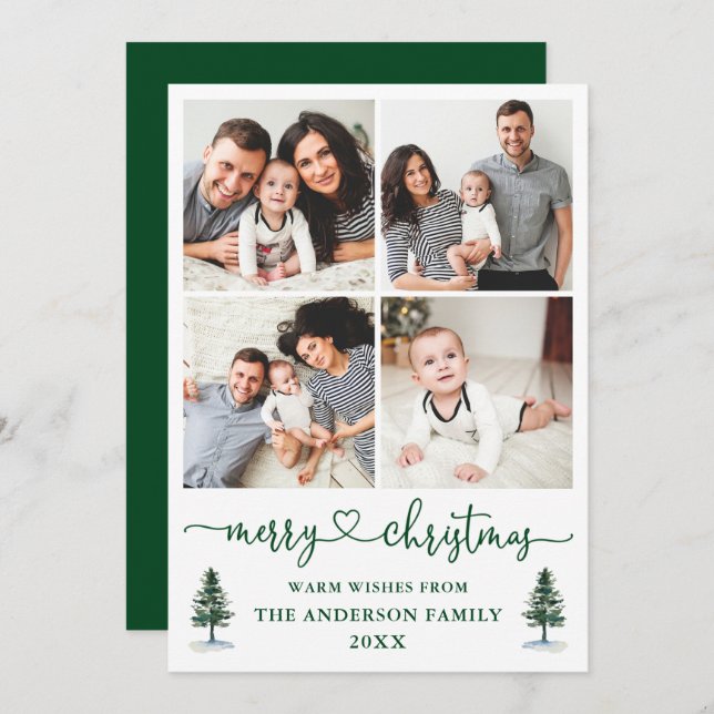 Calligraphy Heart 4 Photo Watercolor Pines Holiday Card (Front/Back)