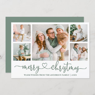 Calligraphy Heart 5 Photo Christmas Sage Green Holiday Card