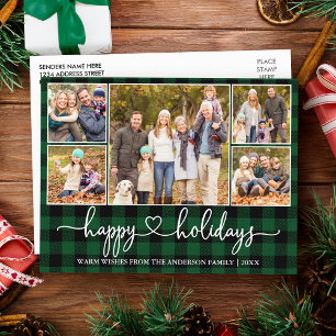 Calligraphy Heart 5 Photo Green Plaid Holiday Postcard