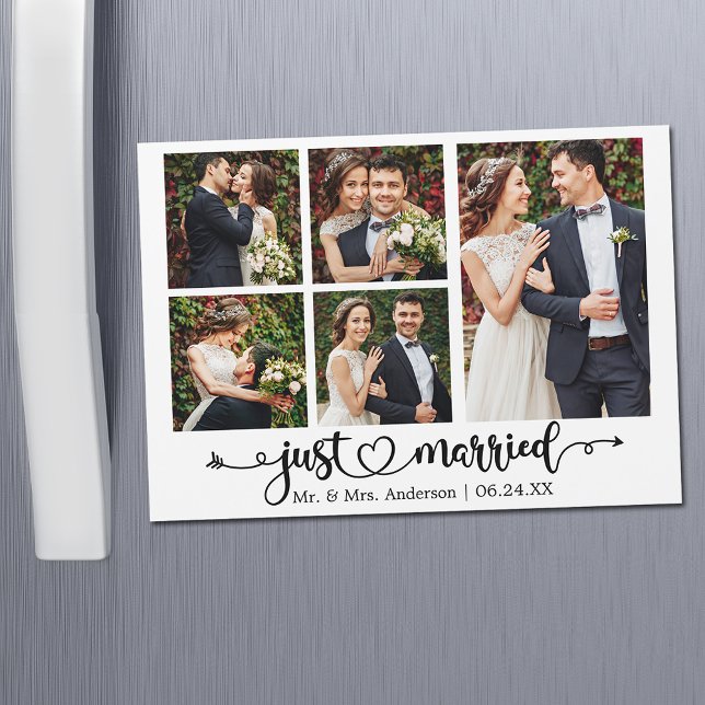 Calligraphy Heart 5 Photo Just Married Magnet Card (Customize to change your personalized text size or text style.)