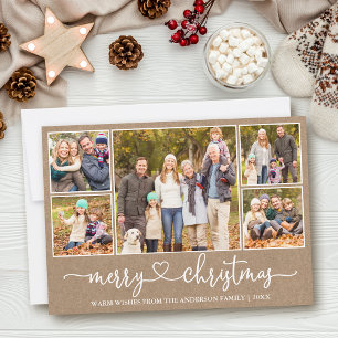 Calligraphy Heart 5 Photo Kraft Merry Christmas Holiday Card