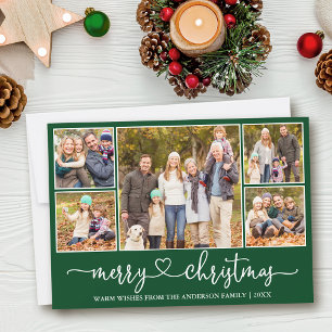 Calligraphy Heart 5 Photo Merry Christmas Green Holiday Card