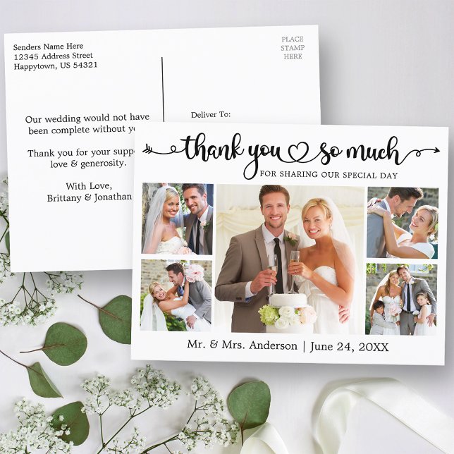 Calligraphy Heart 5 Photo Wedding Thank You Postcard (Customize to change your personalized text size or text style.)