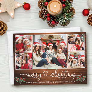 Calligraphy Heart 5 Photo Wood Christmas Holly Holiday Card
