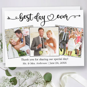 Calligraphy Heart Best Day Ever 3 Photo Wedding Thank You Card