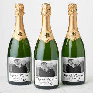 Calligraphy Heart Black and White Photo Wedding Sparkling Wine Label