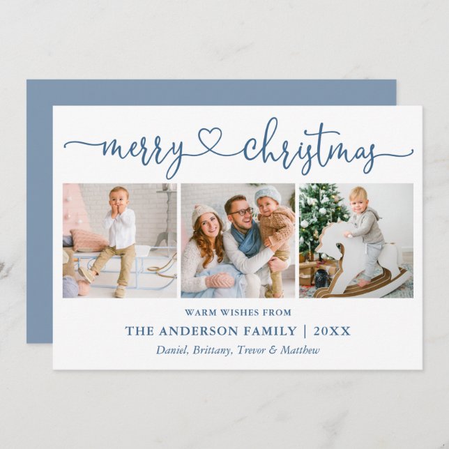 Calligraphy Heart Christmas 3 Photo Dusty Blue Holiday Card (Front/Back)
