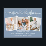 Calligraphy Heart Christmas 3 Photo Dusty Blue Postcard<br><div class="desc">Modern Calligraphy Heart Script Merry Christmas 3 Photo Holiday Postcard - Dusty Blue</div>