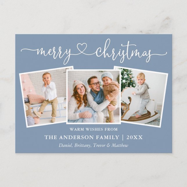 Calligraphy Heart Christmas 3 Photo Dusty Blue Postcard (Front)