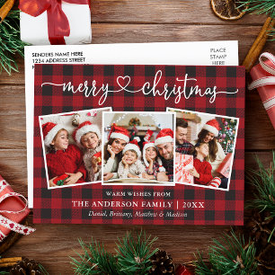 Calligraphy Heart Christmas 3 Photo Red Plaid Postcard