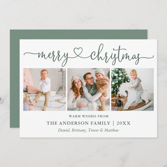 Calligraphy Heart Christmas 3 Photo Sage Green Holiday Card (Front/Back)