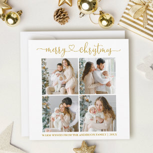Calligraphy Heart Christmas 4 Photo Gold Square Holiday Card