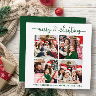 Calligraphy Heart Christmas 4 Photo Green Square Holiday Card
