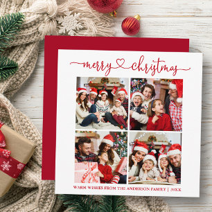 Calligraphy Heart Christmas 4 Photo Square Red Holiday Card