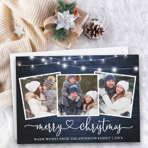 Calligraphy Heart Christmas Blue Wood Lights Holiday Card