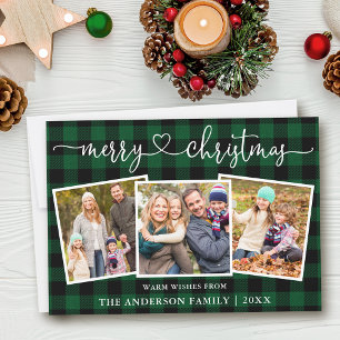 Calligraphy Heart Christmas Green Plaid 3 Photo Holiday Card