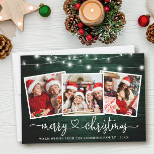 Calligraphy Heart Christmas Green Wood Lights Holiday Card