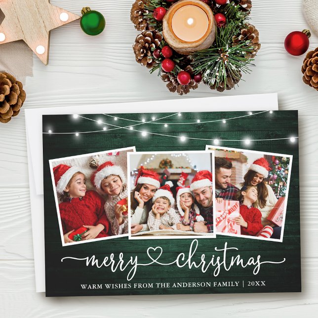 Calligraphy Heart Christmas Green Wood Lights Holiday Card (Customize to add text to back of card.)