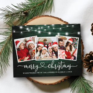 Calligraphy Heart Christmas Green Wood Lights Postcard