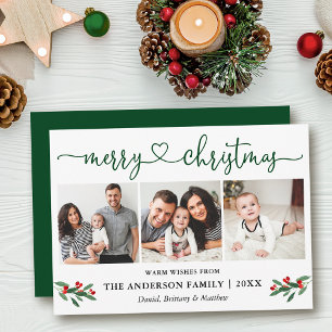 Calligraphy Heart Christmas Holly 3 Photo Green Holiday Card