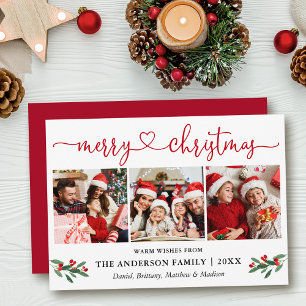 Calligraphy Heart Christmas Holly 3 Photo Red Holiday Card