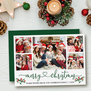 Calligraphy Heart Christmas Holly 5 Photo Green Holiday Card