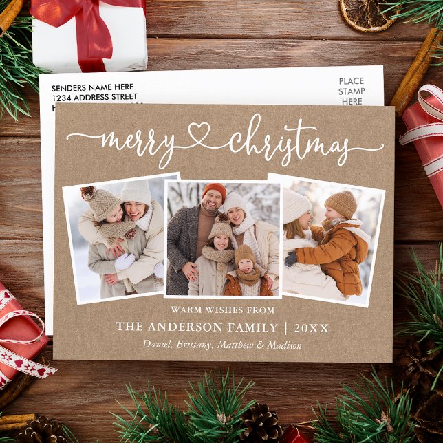 Calligraphy Heart Christmas Kraft 3 Photo Postcard (Customize to change your personalized text size or text style.)