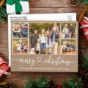 Calligraphy Heart Christmas Kraft 5 Photo Holiday Postcard