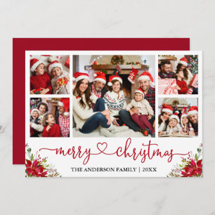 Calligraphy Heart Christmas Poinsettia 5 Photo Holiday Card