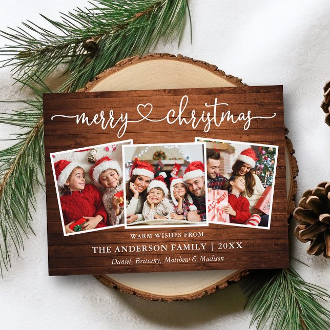 Calligraphy Heart Christmas Wood 3 Photo Postcard (Customize to change your personalized text size or text style.)