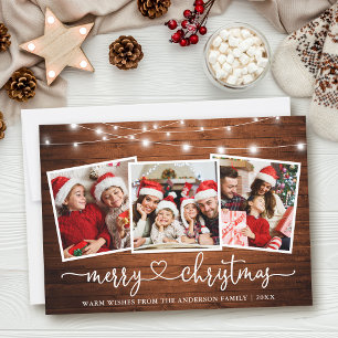 Calligraphy Heart Christmas Wood Lights 3 Photo Holiday Card