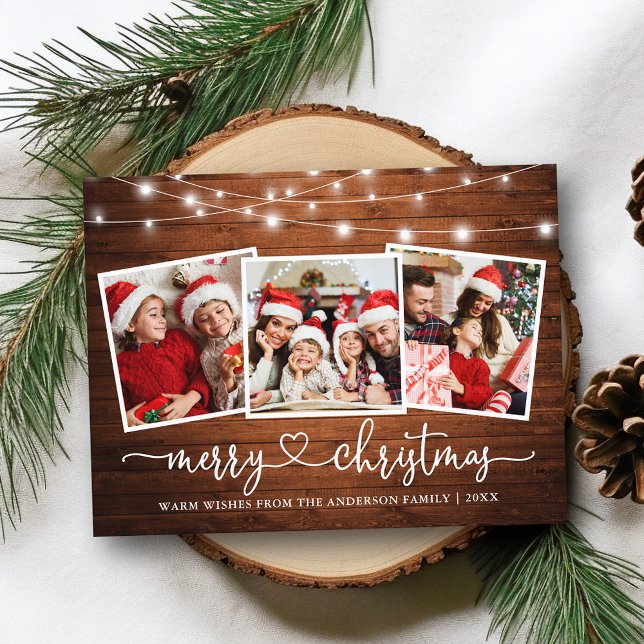 Calligraphy Heart Christmas Wood Lights Holiday Postcard (Customize to change your personalized text size or text style.)