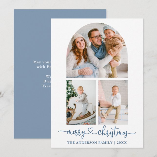 Calligraphy Heart Dusty Blue Arch Photo Christmas Holiday Card (Front/Back)
