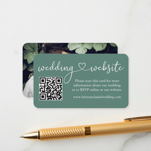 Calligraphy Heart Eucalyptus Green Wedding Web QR Enclosure Card (Front/Back In Situ)