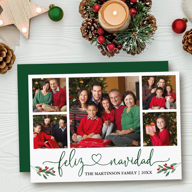 Calligraphy Heart Feliz Navidad Holly Green Holiday Card (Customize to add text to back of card.)