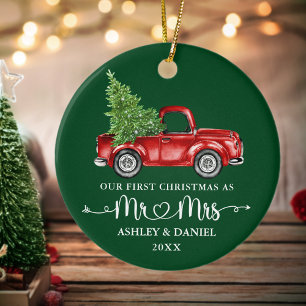Calligraphy Heart First Christmas Red Truck Green Ceramic Ornament